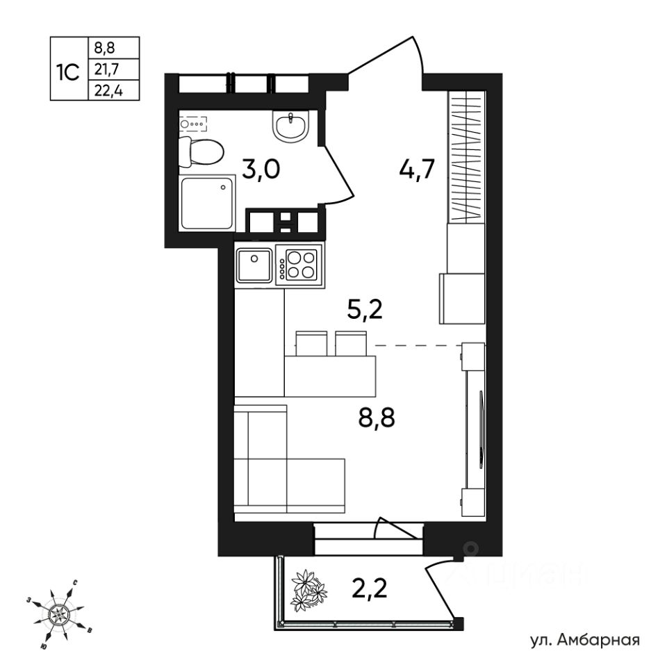 Продажа однокомнатной квартиры 22,4м² Белозерская ул., 30А, Пермь, Пермский  край - база ЦИАН, объявление 302542642