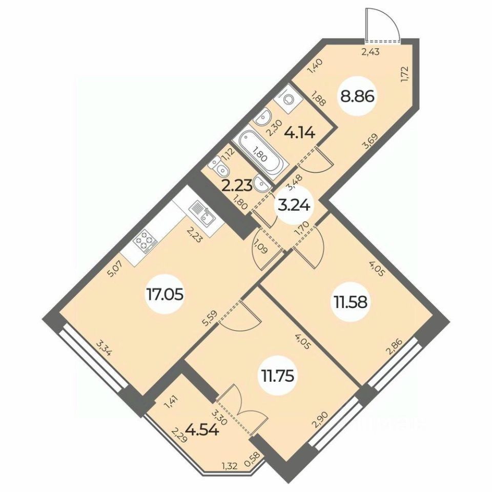 Продажа двухкомнатной квартиры 61,1м² Санкт-Петербург, Южно-Приморский  муниципальный округ, Огни Залива жилой комплекс, м. Автово - база ЦИАН,  объявление 302587996