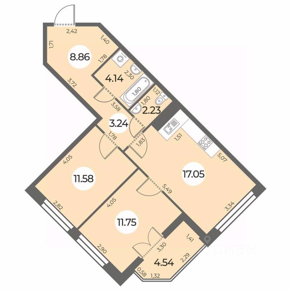 Продается2-комн.квартира,61,12м²