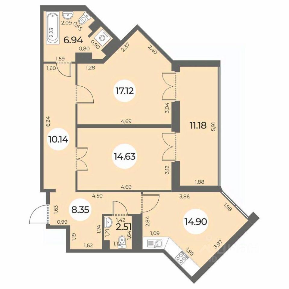 Продажа двухкомнатной квартиры 80,2м² Санкт-Петербург, Южно-Приморский  муниципальный округ, Огни Залива жилой комплекс, м. Автово - база ЦИАН,  объявление 302588995