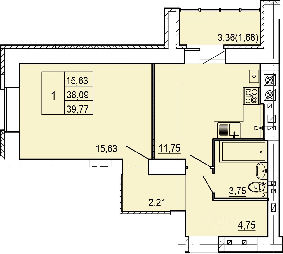 Продажа однокомнатной квартиры 39,8м² ул. Боровая, 34А, Кострома,  Костромская область, Первомайский поселок - база ЦИАН, объявление 302614120