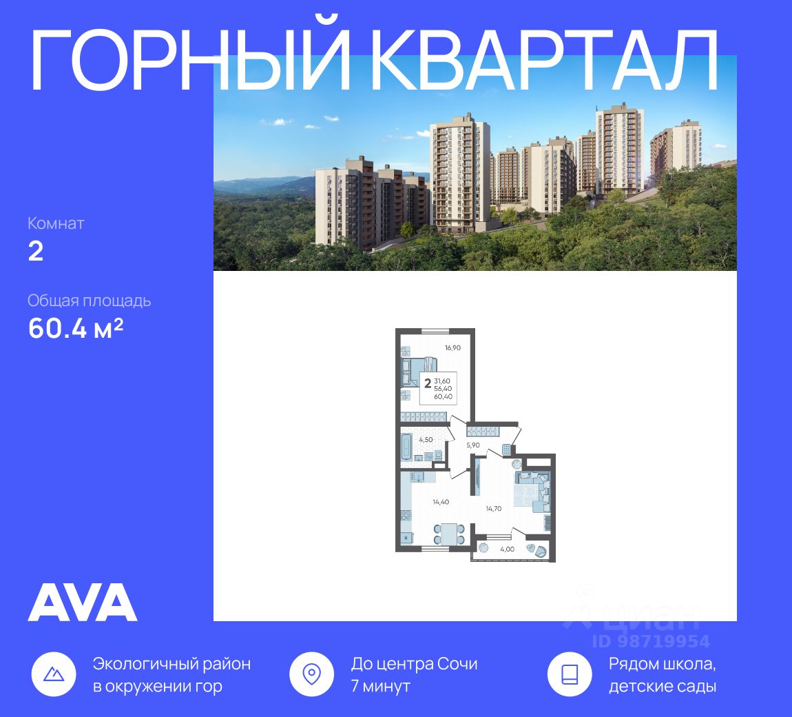 Продажа двухкомнатной квартиры 60,4м² Краснодарский край, Сочи городской  округ, Горный Квартал жилой комплекс - база ЦИАН, объявление 302620708