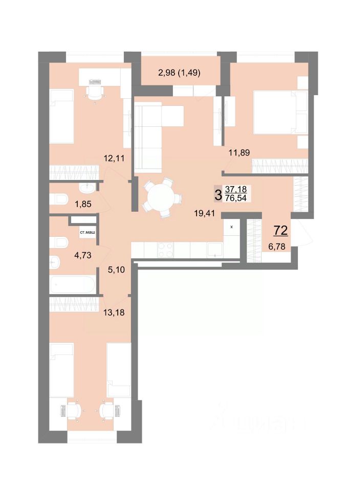 Продается3-комн.квартира,76,54м²