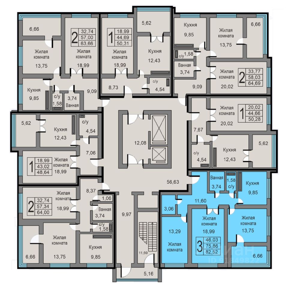 Купить трехкомнатную квартиру 82,5м² ул. Минская, Калуга, Калужская область  - база ЦИАН, объявление 302694435