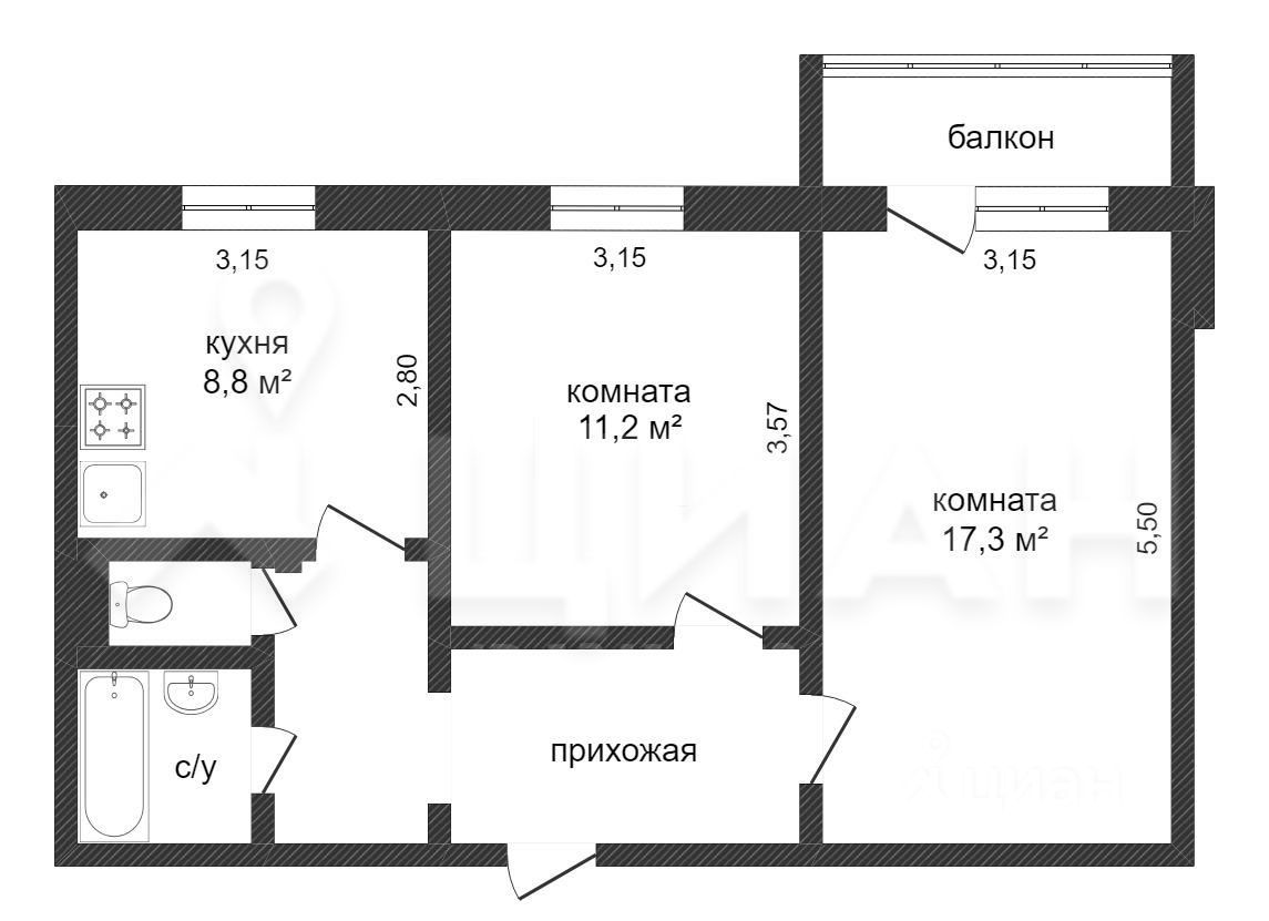 Планировка этой квартиры по данным Циан