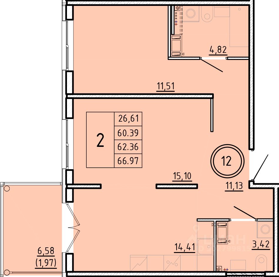 Продаю двухкомнатную квартиру 60,4м² Санкт-Петербург, Шушары поселок,  Пулковское территория, м. Купчино - база ЦИАН, объявление 302799815