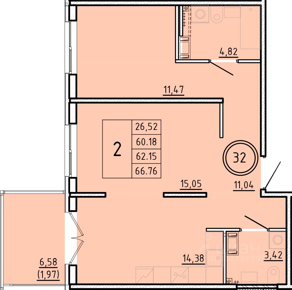 Продаю двухкомнатную квартиру 60,2м² Санкт-Петербург, Шушары поселок,  Пулковское территория, м. Купчино - база ЦИАН, объявление 302799905