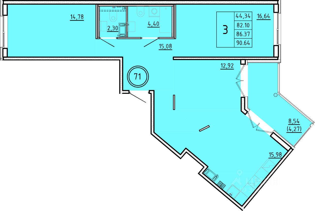 Продажа трехкомнатной квартиры 82,1м² Санкт-Петербург, Шушары поселок, Пулковское  территория, м. Купчино - база ЦИАН, объявление 302800015