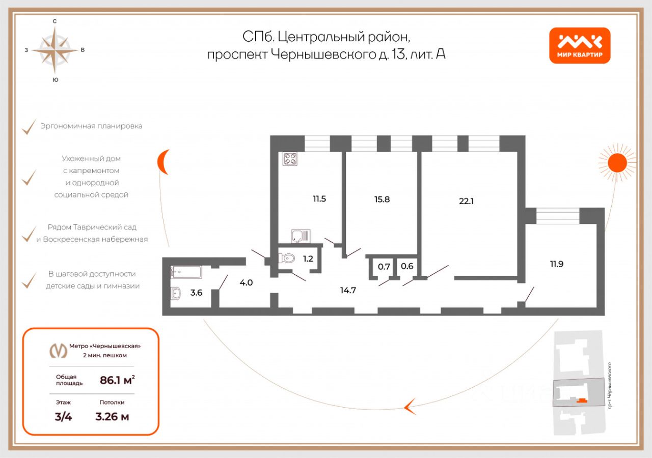 Купить 3-комнатную квартиру на проспекте Чернышевского в Санкт-Петербурге,  продажа трехкомнатных квартир во вторичке и первичке на Циан. Найдено 3  объявления