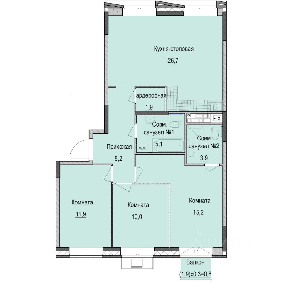 3-комн.кв., 83,5 м², 2/14 этаж