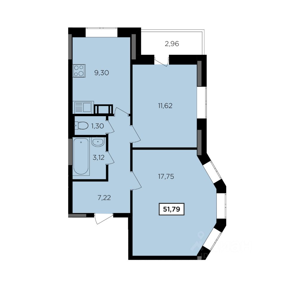 Купить двухкомнатную квартиру 51,8м² Обнинск, Калужская область, 11-й  микрорайон - база ЦИАН, объявление 302899434