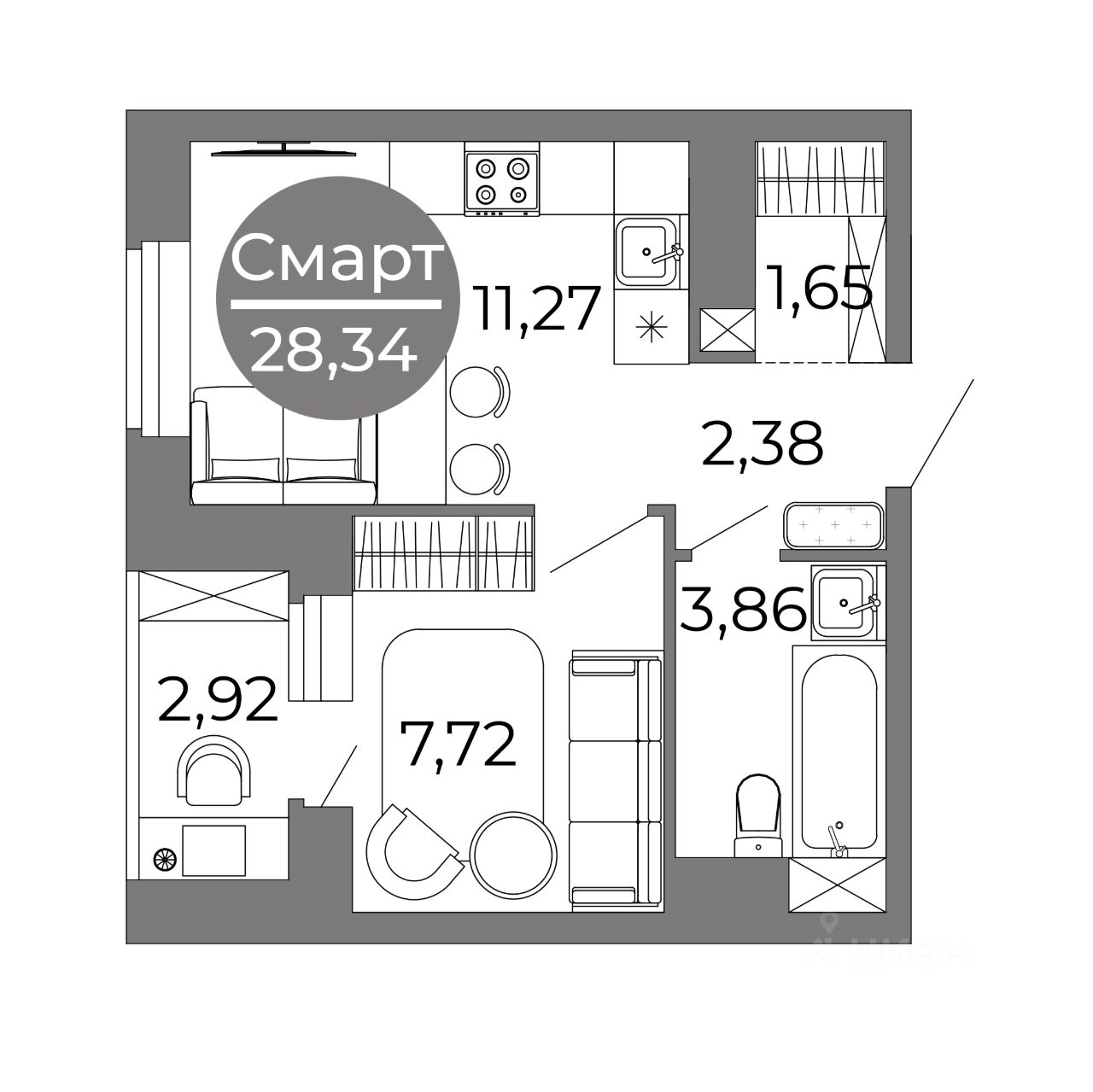 Продаю однокомнатную квартиру 28,3м² ул. Кривошеина, 13/14, Воронеж,  Воронежская область - база ЦИАН, объявление 302899946