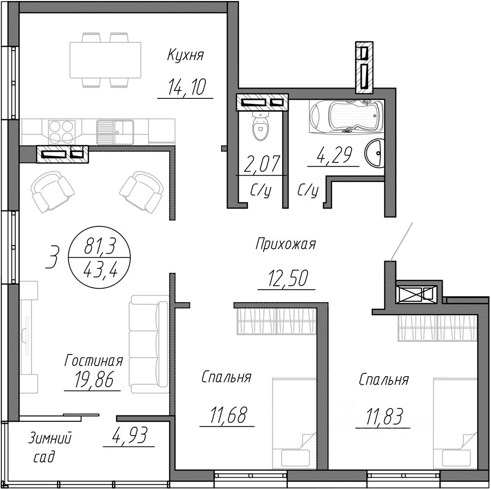 Продажа трехкомнатной квартиры 81,3м² Барнаул, Алтайский край, Оскар жилой  комплекс - база ЦИАН, объявление 302971801