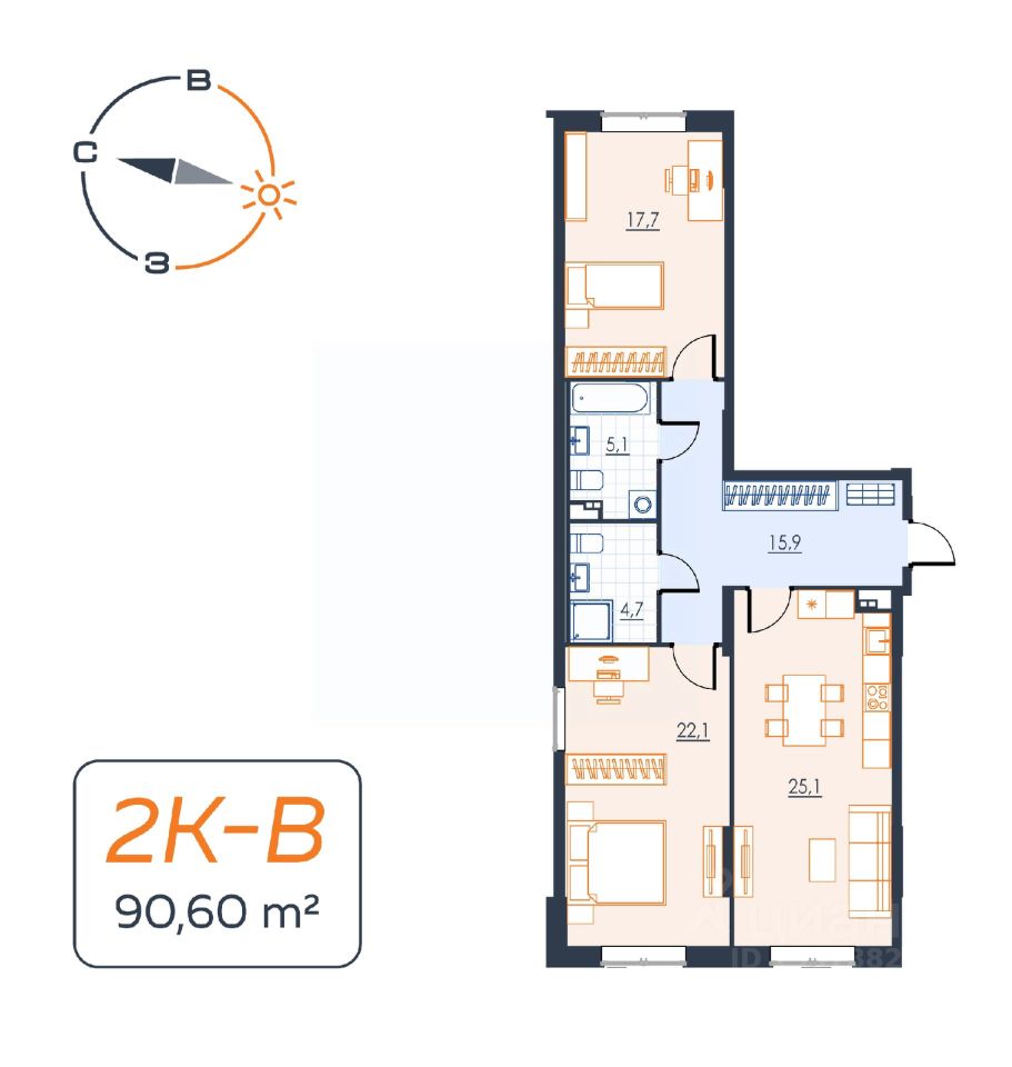 Купить двухкомнатную квартиру 88,8м² ул. Декабристов, 20, Екатеринбург,  Свердловская область, м. Геологическая - база ЦИАН, объявление 302994285