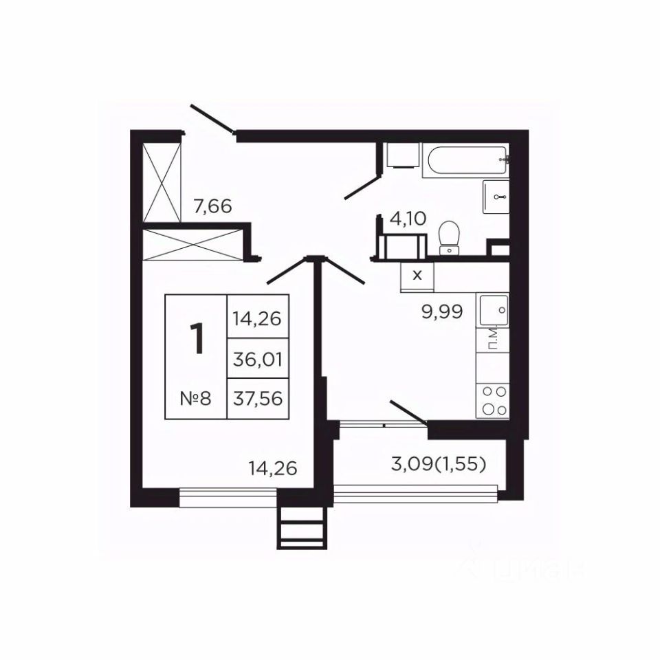 Продаю однокомнатную квартиру 39,1м² Калужская область, Совхоз Боровский  с/пос, Соседи жилой комплекс - база ЦИАН, объявление 302589407