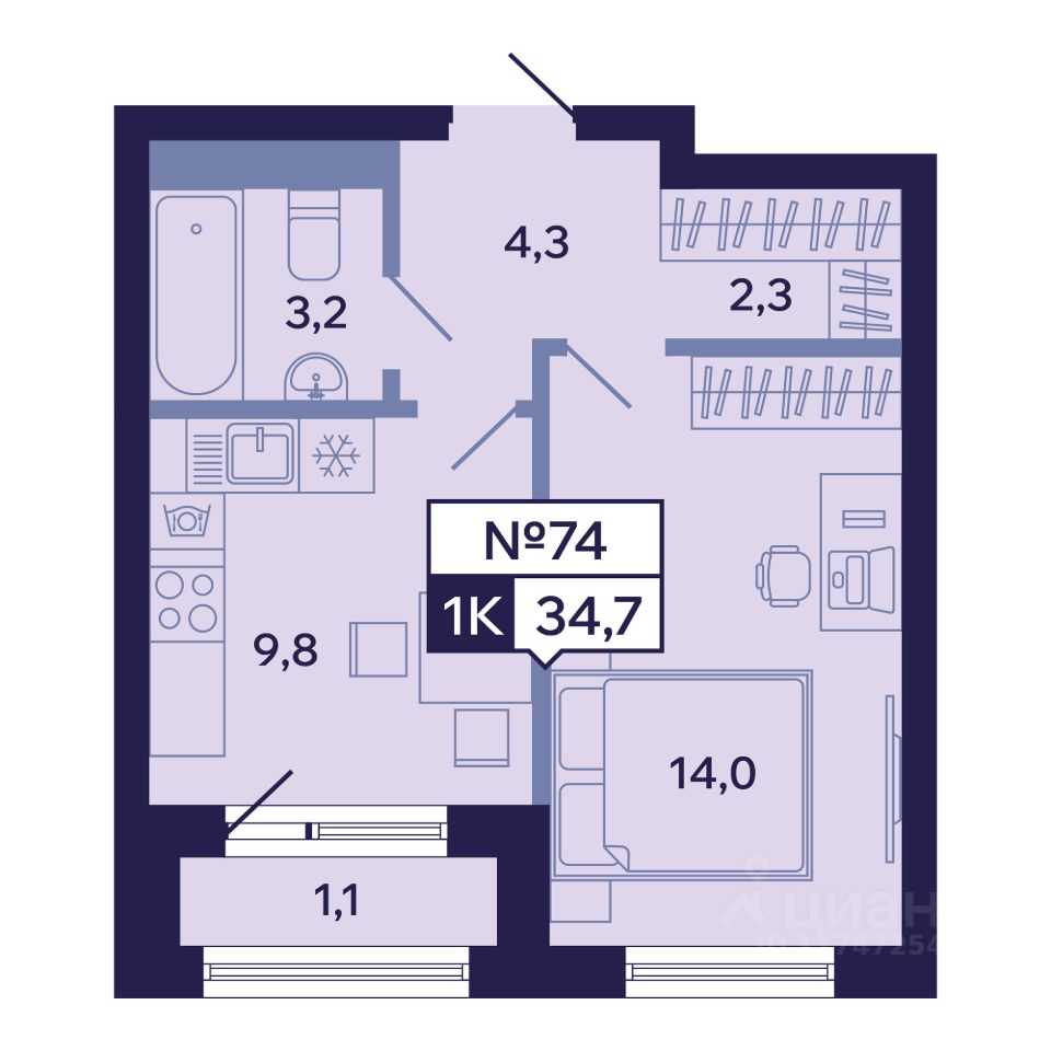 Продажа однокомнатной квартиры 34,7м² ул. Новопортовская, 1А/1, Якутск,  Саха (Якутия) респ. - база ЦИАН, объявление 303021766