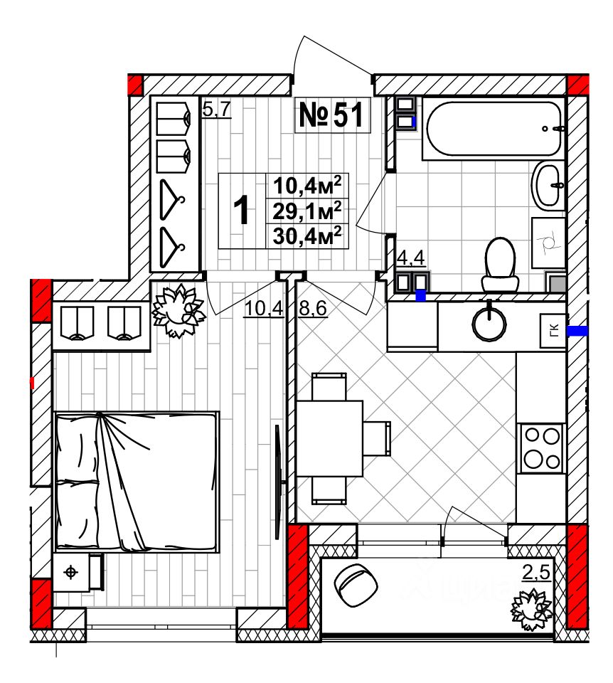 Продажа однокомнатной квартиры 30,4м² Нижний Новгород, Нижегородская  область, Смородина жилой комплекс, м. Парк культуры - база ЦИАН, объявление  303030028