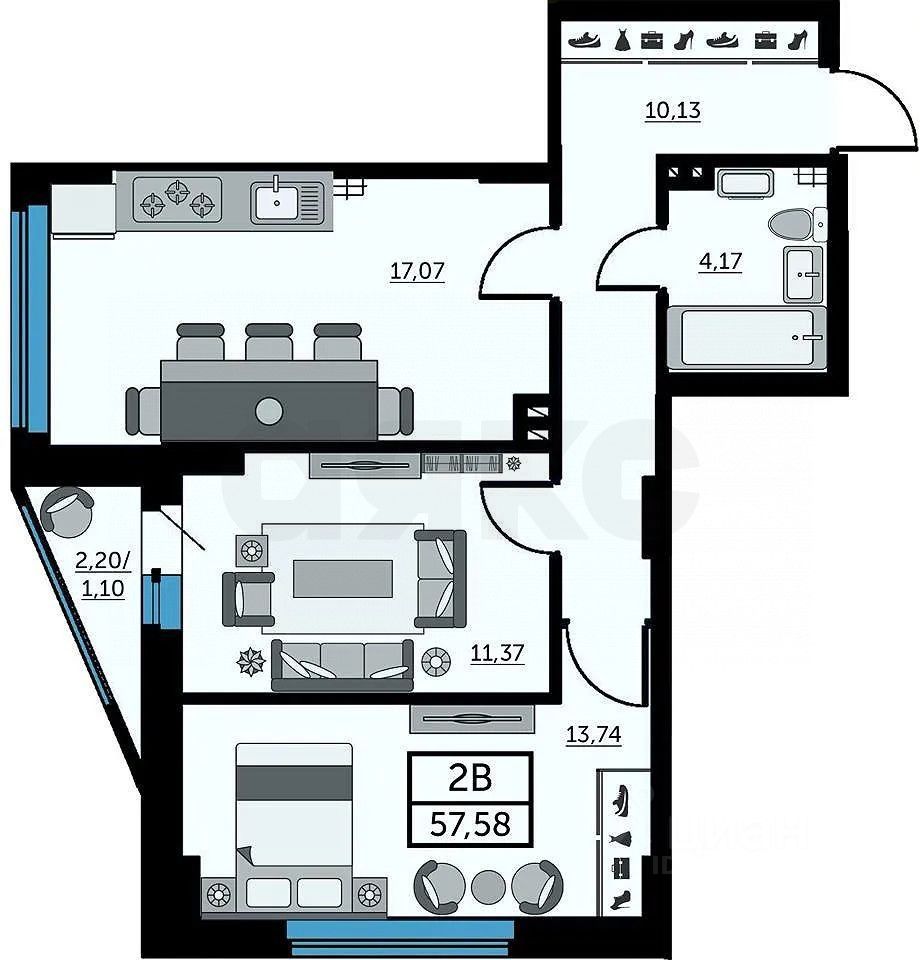 Купить двухкомнатную квартиру 57,6м² Красноармейская ул., 157В/83с1,  Ростов-на-Дону, Ростовская область - база ЦИАН, объявление 303061407