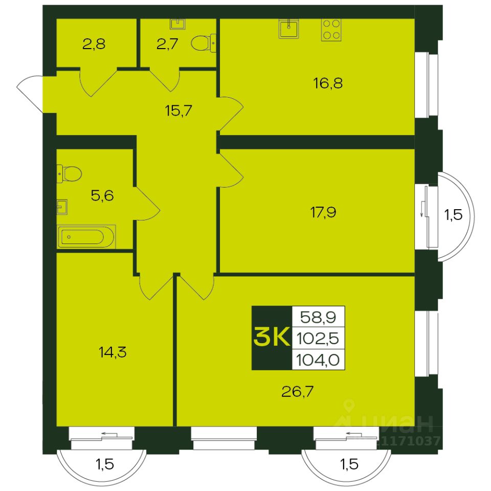 Продажа трехкомнатной квартиры 104м² просп. Чебоксарский, Чебоксары,  Чувашская респ. - база ЦИАН, объявление 303081145