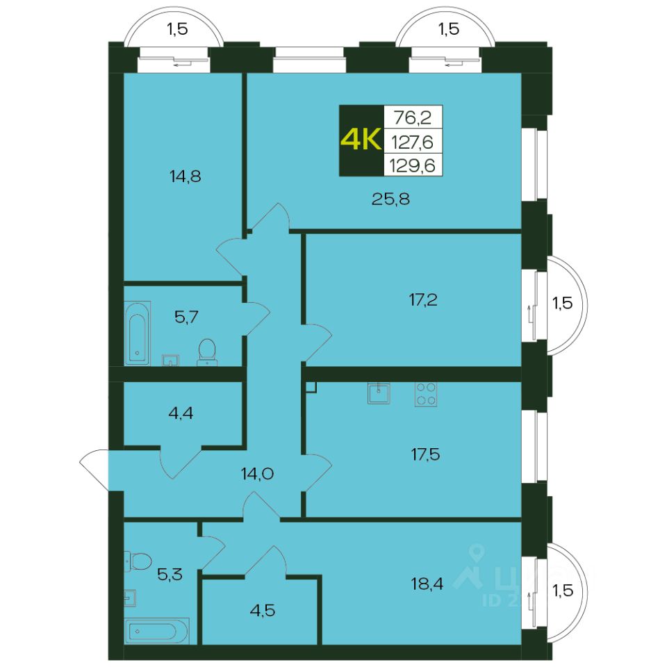 Купить четырехкомнатную квартиру 129,6м² просп. Чебоксарский, Чебоксары,  Чувашская респ. - база ЦИАН, объявление 303081177