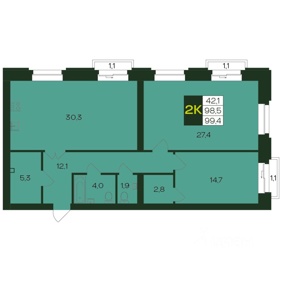 Продажа двухкомнатной квартиры 99,4м² просп. Чебоксарский, Чебоксары,  Чувашская респ. - база ЦИАН, объявление 303081418