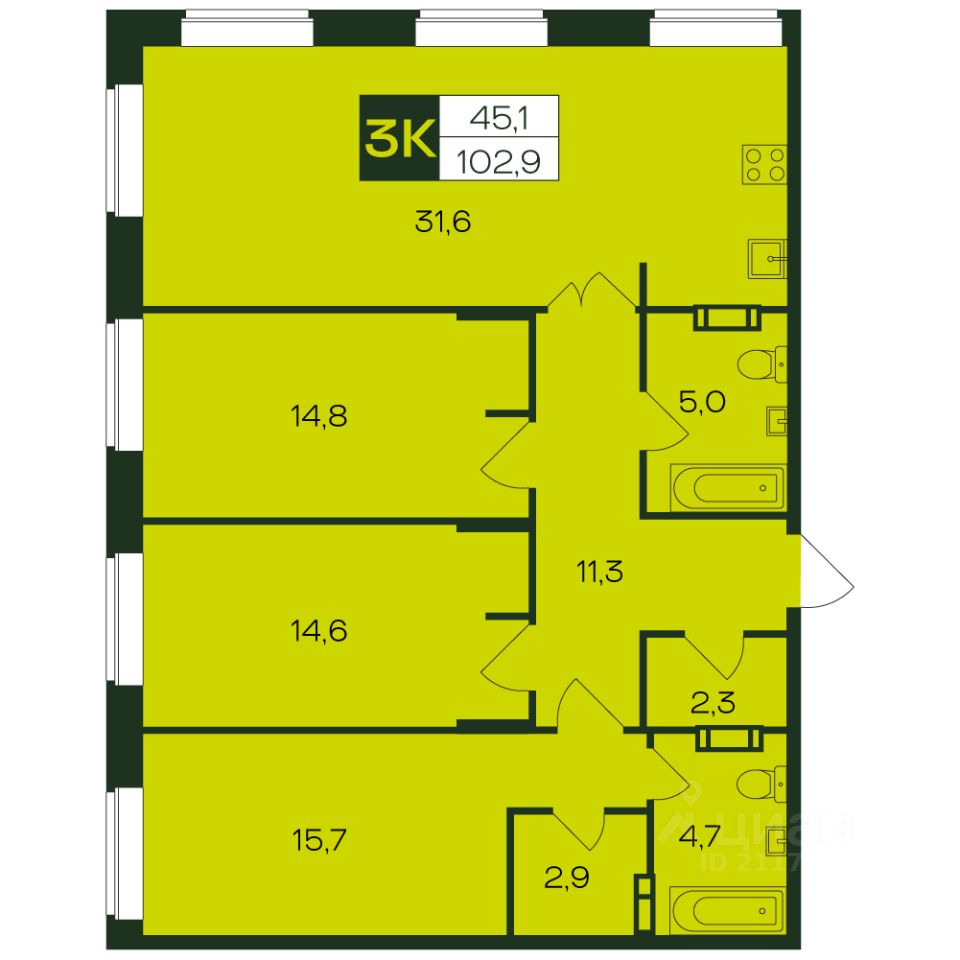 Купить трехкомнатную квартиру 102,9м² просп. Чебоксарский, 45, Чебоксары,  Чувашская респ. - база ЦИАН, объявление 303081690