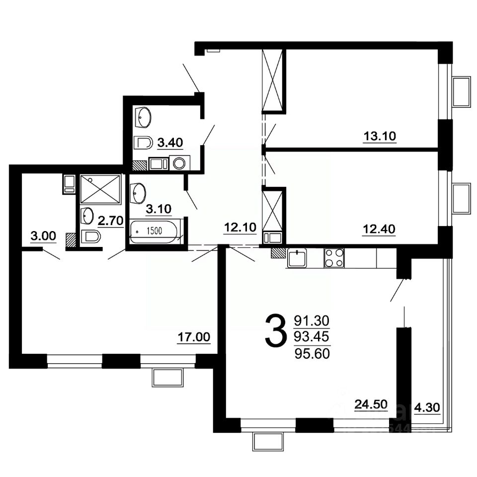 Продажа трехкомнатной квартиры 93,5м² Нижний Новгород, Нижегородская  область, Кооперативный поселок квартал, Жилой комплекс Сормовская сторона,  м. Буревестник - база ЦИАН, объявление 303104671