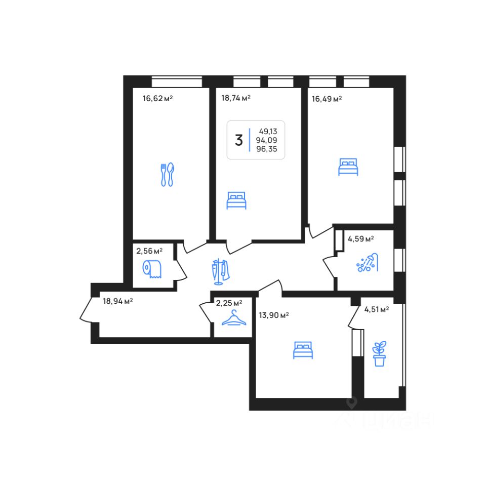 Продажа трехкомнатной квартиры 96,4м² Липецк, Липецкая область, Авторский  жилой район - база ЦИАН, объявление 303109663