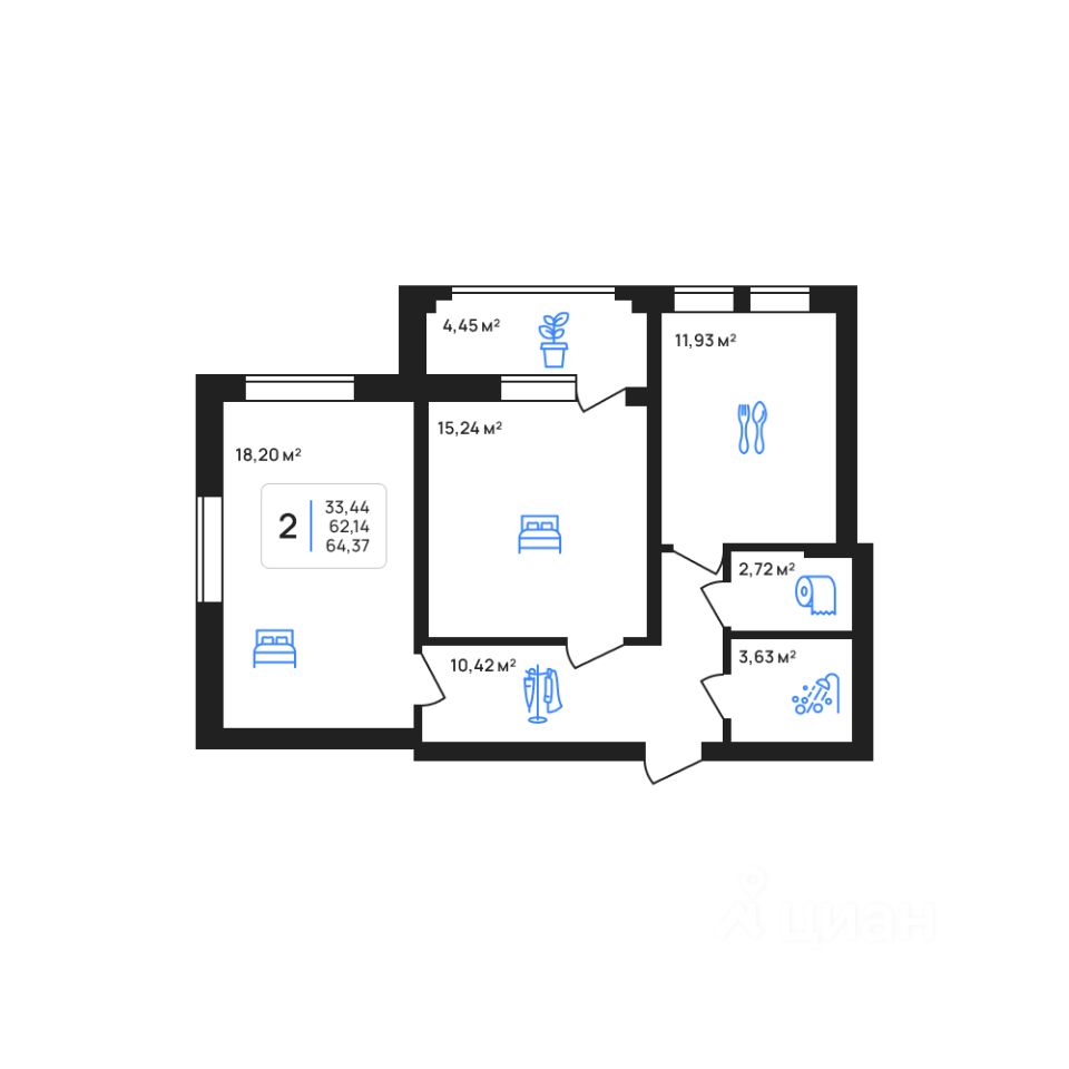 Купить двухкомнатную квартиру 64,4м² Липецк, Липецкая область, Авторский  жилой район - база ЦИАН, объявление 303109662