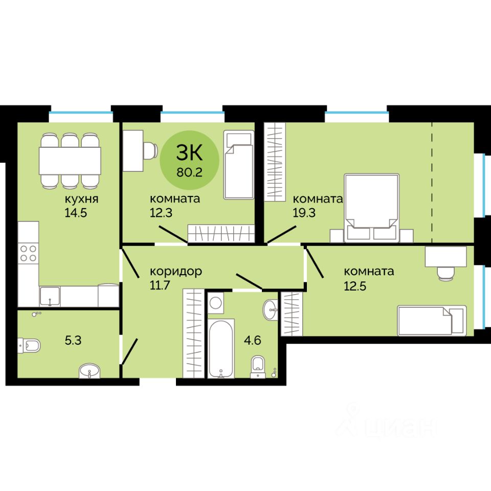 Продаю трехкомнатную квартиру 80,2м² Пермь, Пермский край, Краснова  микрорайон, Красное яблоко жилой комплекс - база ЦИАН, объявление 303123575