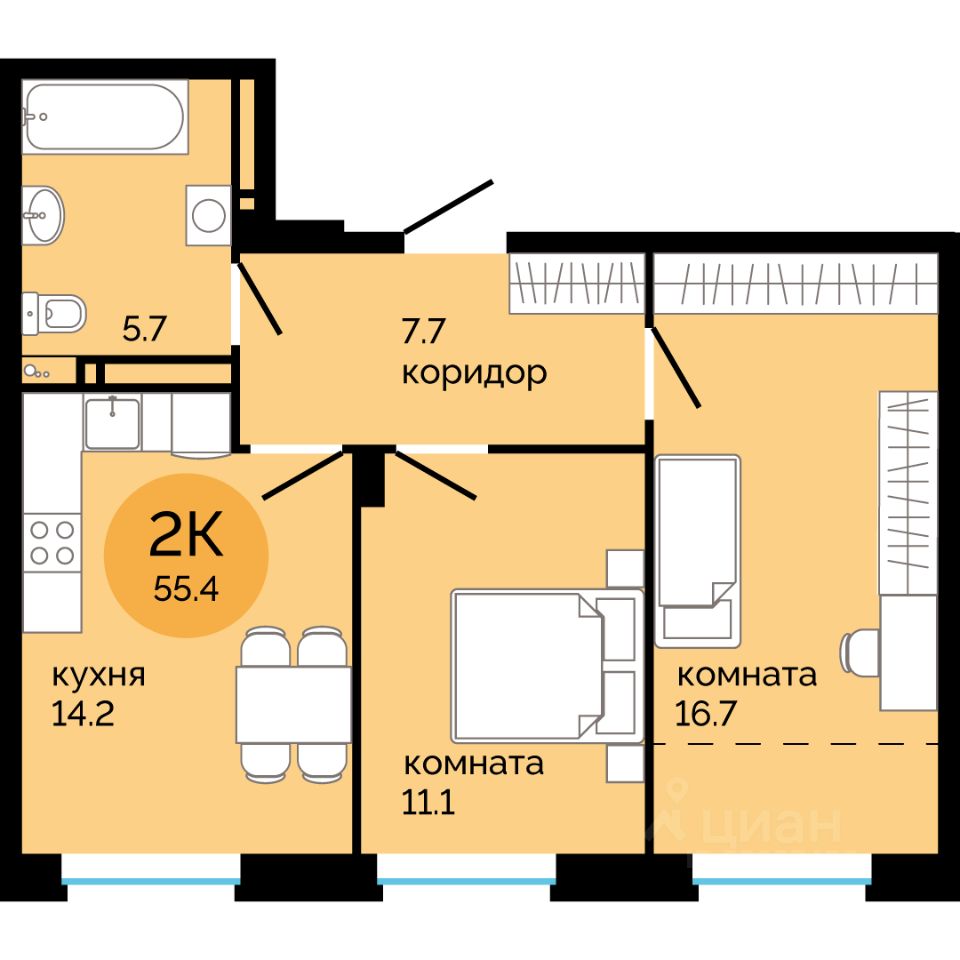 Продажа двухкомнатной квартиры 55,4м² Пермь, Пермский край, Краснова  микрорайон, Красное яблоко жилой комплекс - база ЦИАН, объявление 303123748