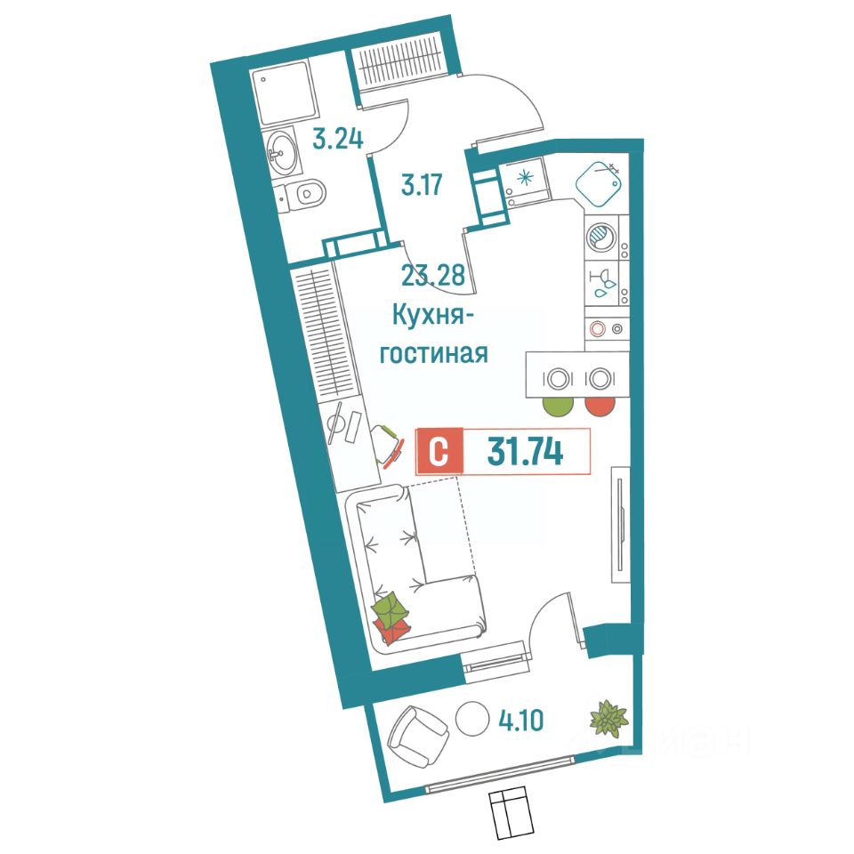 Продаю квартиру-студию 31,7м² ул. Екатерининская, 18/3, Мурино,  Ленинградская область, Всеволожский район, м. Девяткино - база ЦИАН,  объявление 303137084