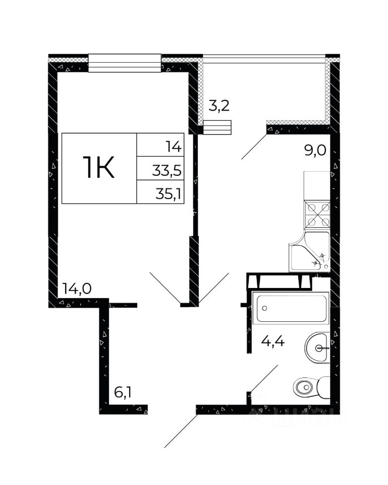 1-комн.кв., 35,1 м², 2/15 этаж
