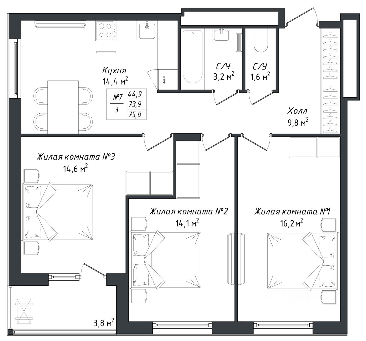 Продажа трехкомнатной квартиры 75,8м² Калуга, Калужская область, Комфорт  Парк жилой комплекс - база ЦИАН, объявление 303263953