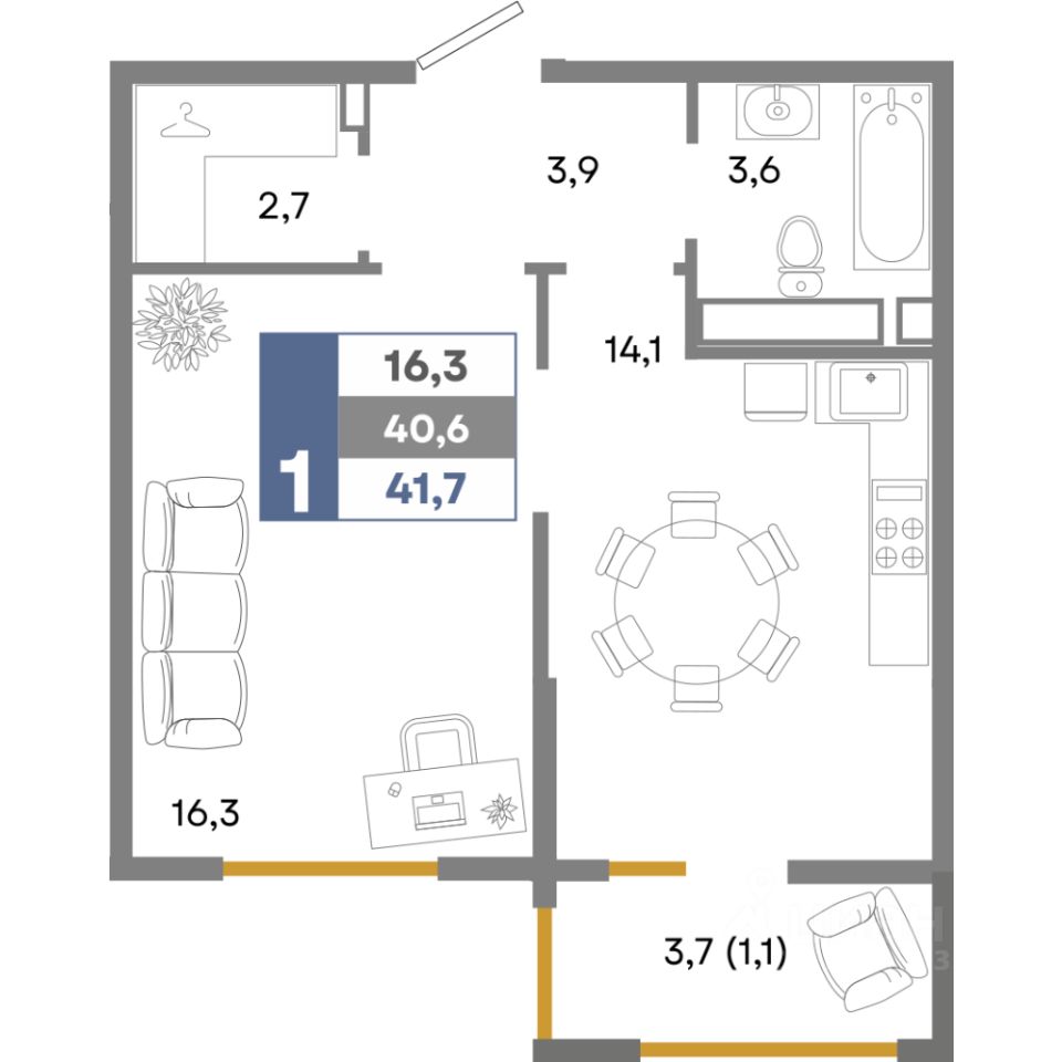 Купить однокомнатную квартиру 41,7м² Крым респ., Симферопольский район,  Мирновское с/пос, Белоглинка село, Прогресс жилой комплекс - база ЦИАН,  объявление 303277101