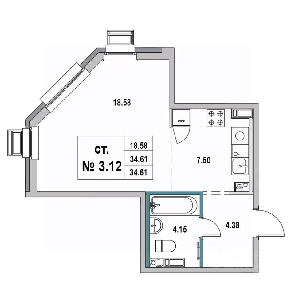 Купить квартиру-студию 34,3м² ул. 1-я Южная, 8, Выборг, Ленинградская  область, Выборгский район - база ЦИАН, объявление 303477129