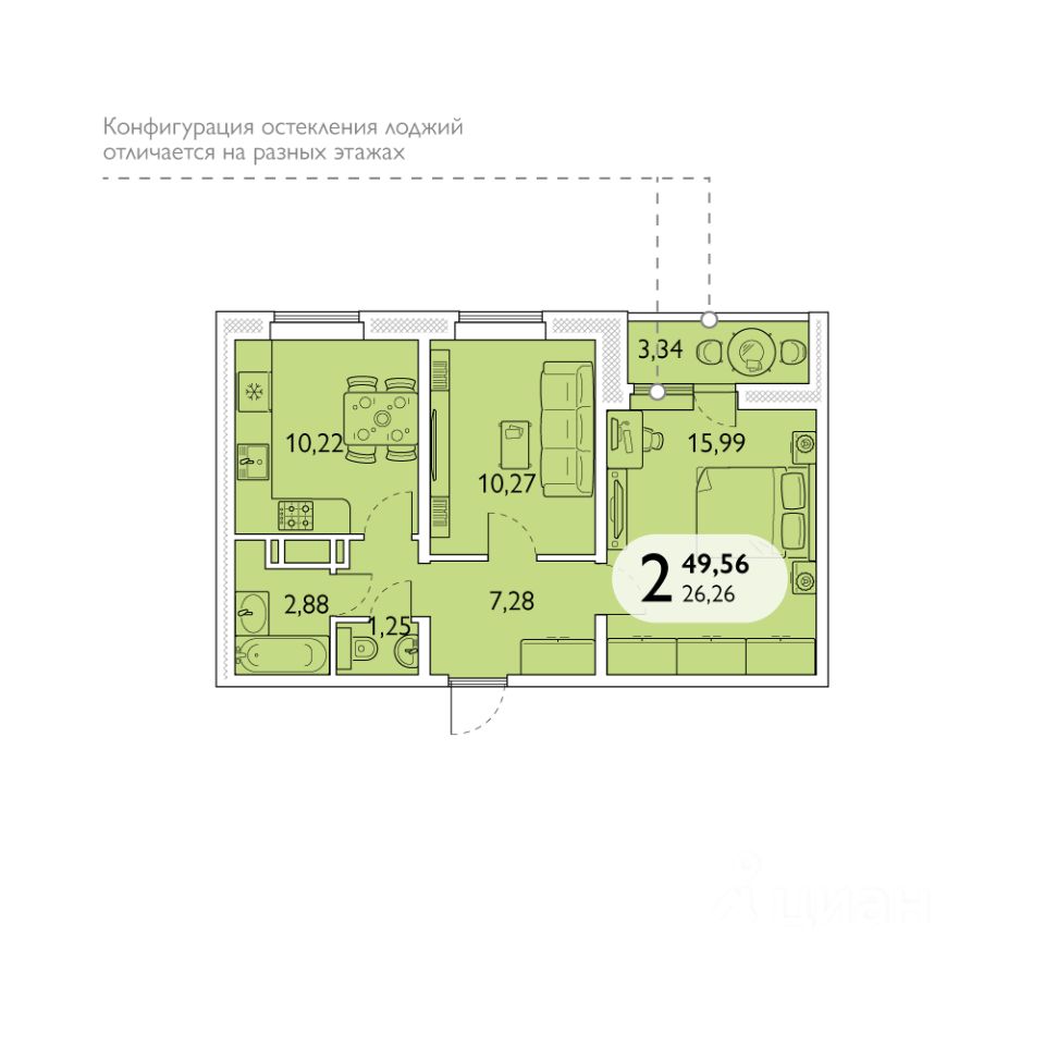 Продажа двухкомнатной квартиры 49,6м² просп. Станке Димитрова, Брянск,  Брянская область - база ЦИАН, объявление 303482293