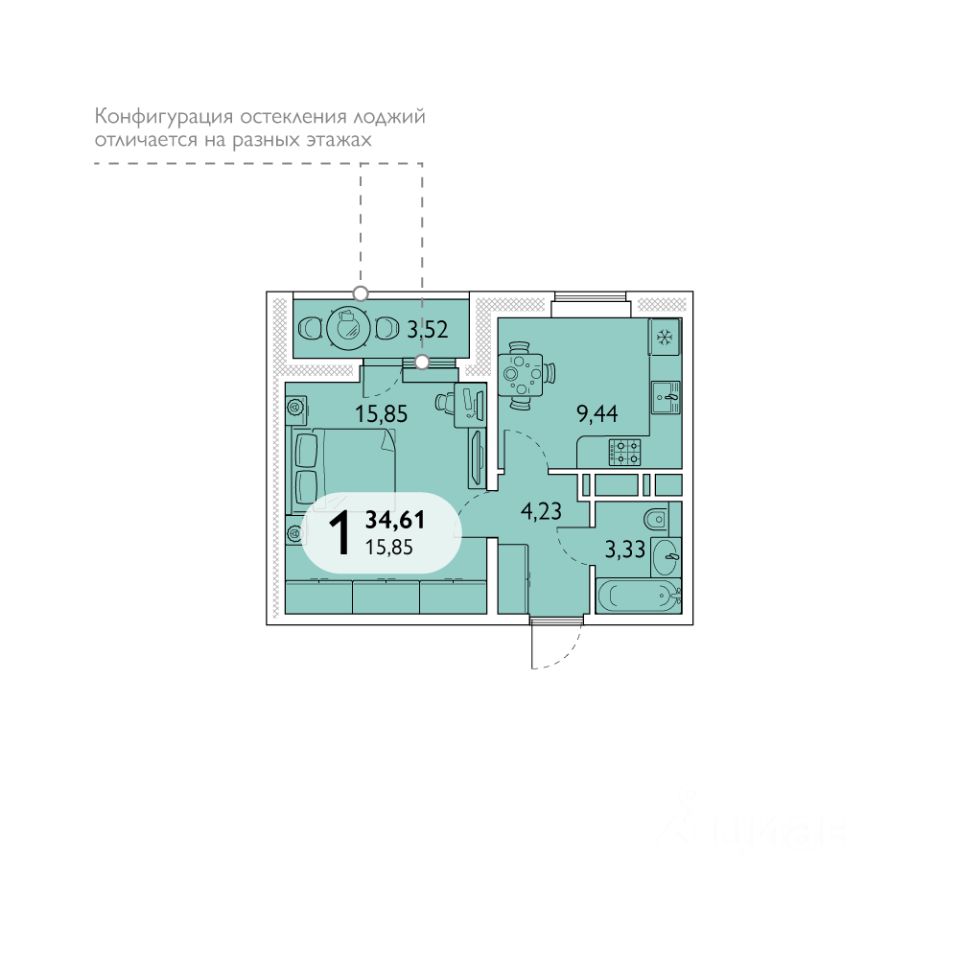 Купить однокомнатную квартиру 34,6м² просп. Станке Димитрова, Брянск,  Брянская область - база ЦИАН, объявление 303482508