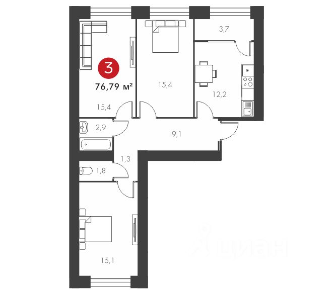 Продается3-комн.квартира,76,79м²