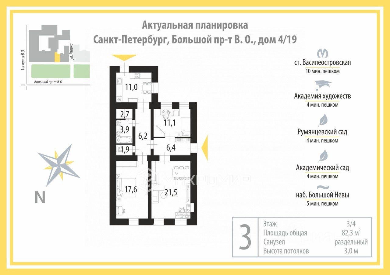 Купить 3-комнатную квартиру вторичка на проспекте Большой Васильевского  острова в Санкт-Петербурге, продажа 3-комнатных квартир на вторичном рынке.  Найдено 6 объявлений.