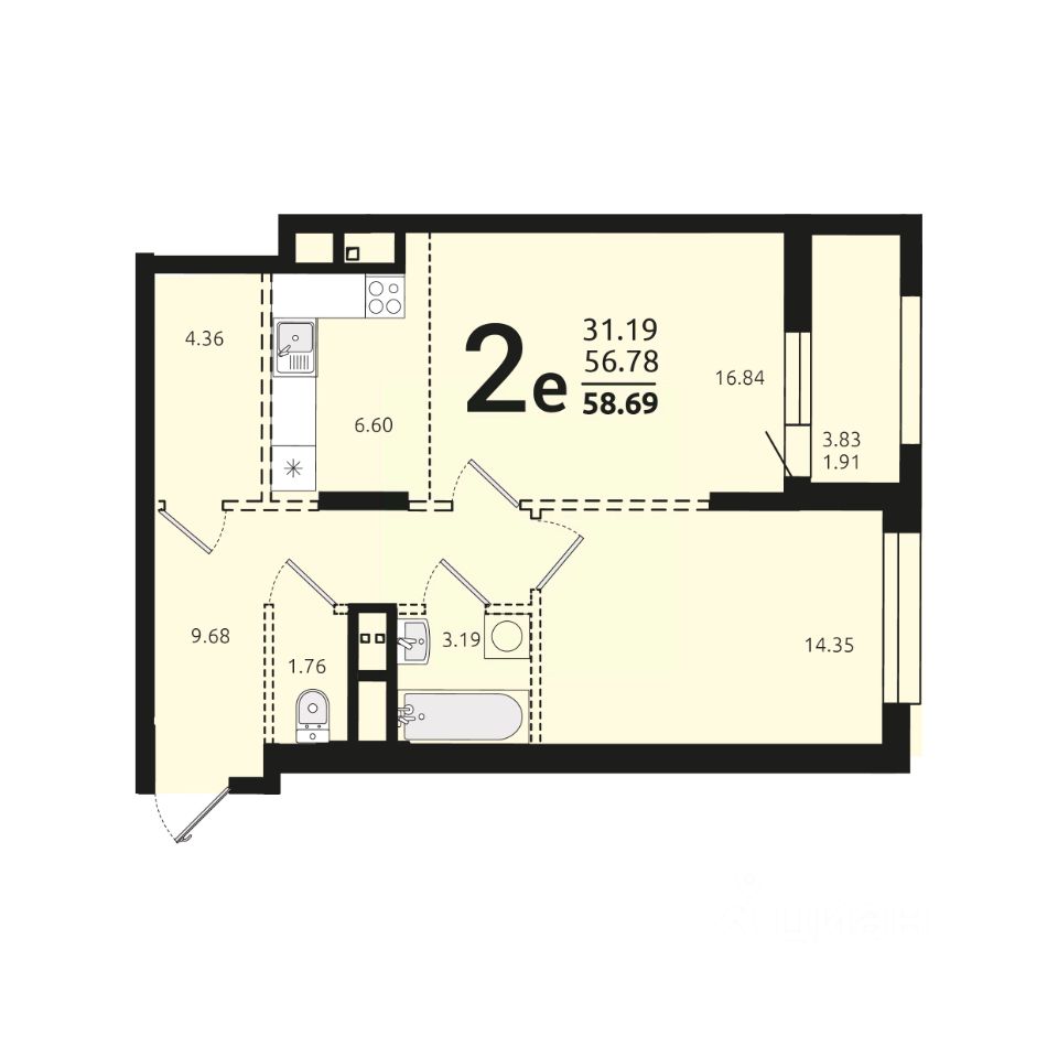 Купить двухкомнатную квартиру 58,7м² Средне-Московская ул., 60, Воронеж, Воронежская  область - база ЦИАН, объявление 303340638