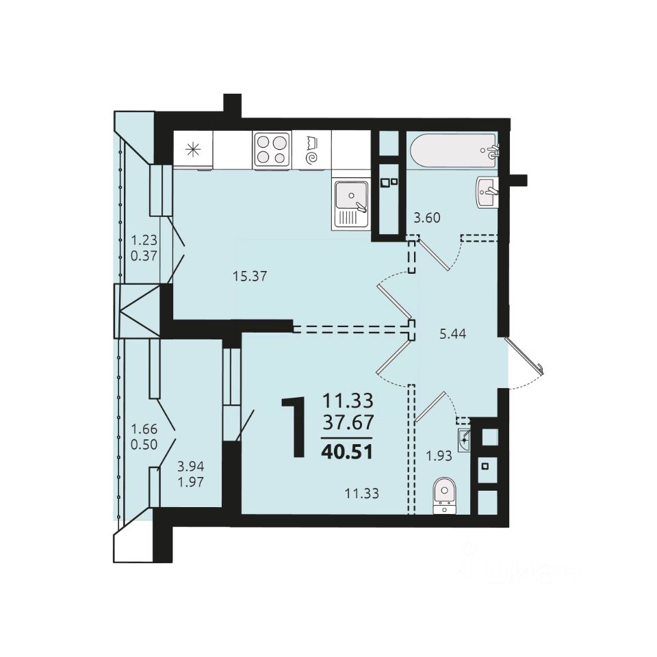 Купить однокомнатную квартиру 40,5м² Средне-Московская ул., 60, Воронеж,  Воронежская область - база ЦИАН, объявление 303479193