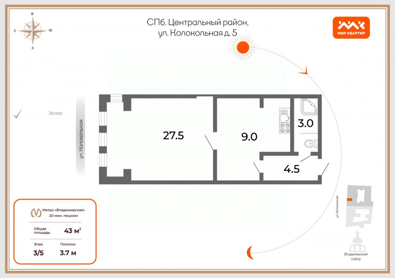 Продаю однокомнатную квартиру 43м² Колокольная ул., 5, Санкт-Петербург, м.  Владимирская - база ЦИАН, объявление 303591797