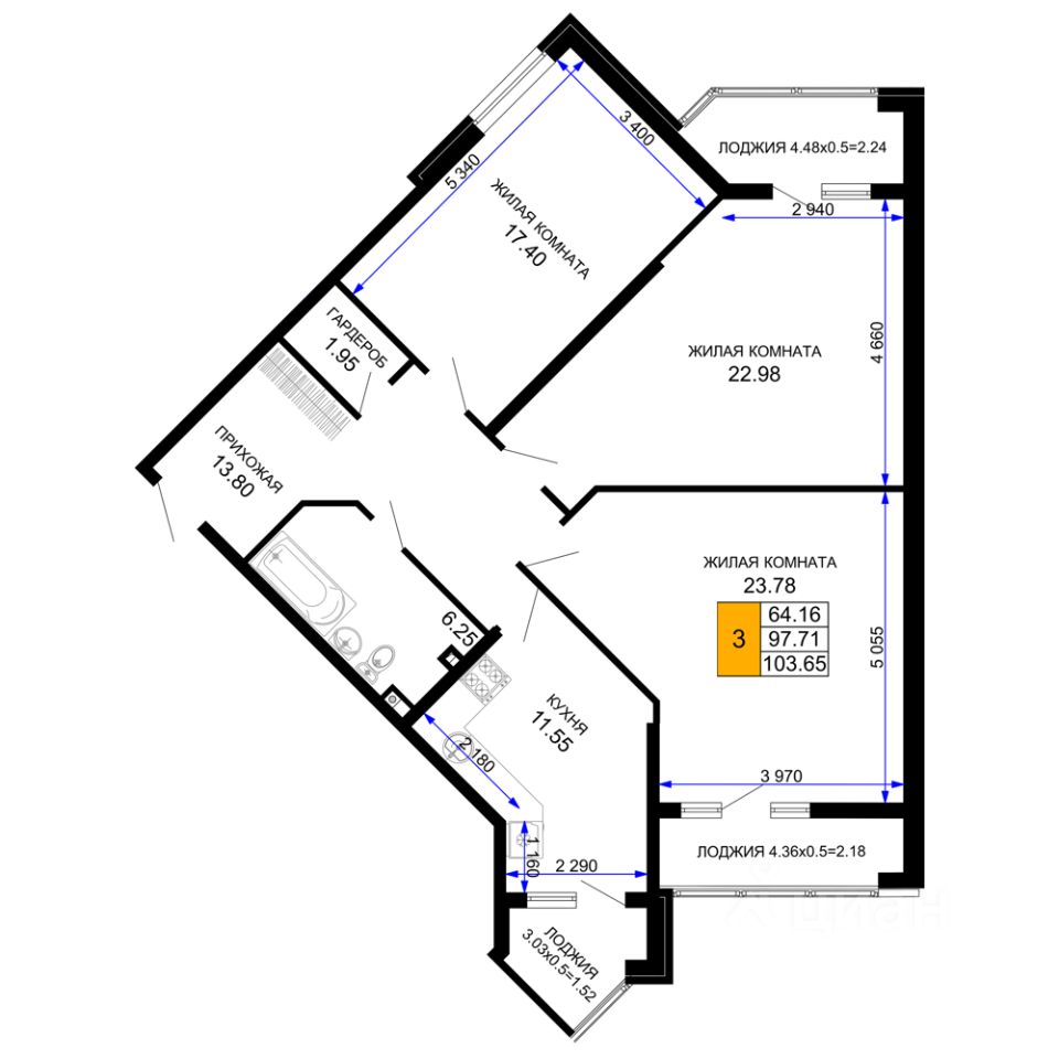 Продажа трехкомнатной квартиры 103,7м² ул. Ветеранов, 85, Краснодар,  Краснодарский край, 2-я Площадка микрорайон - база ЦИАН, объявление  302632036