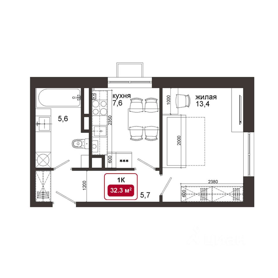 Купить однокомнатную квартиру 32,3м² ул. Дюма, Московская область,  Одинцовский городской округ, Солманово деревня, МЖК Изумрудная Долина  территория, м. Лесной Городок - база ЦИАН, объявление 303626745