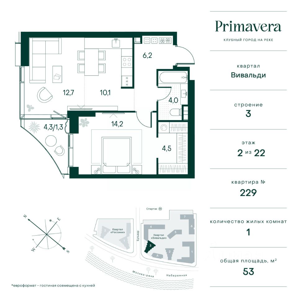 Продаю однокомнатную квартиру 53м² Москва, Северо-Западный административный  округ, Покровское-Стрешнево район, Клубный Город на Реке Примавера жилой  комплекс, Вивальди квартал, м. Спартак - база ЦИАН, объявление 276650525