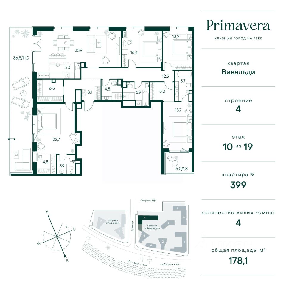 Продажа четырехкомнатной квартиры 178,1м² Москва, Северо-Западный  административный округ, Покровское-Стрешнево район, Клубный Город на Реке  Примавера жилой комплекс, Вивальди квартал, м. Спартак - база ЦИАН,  объявление 299871013