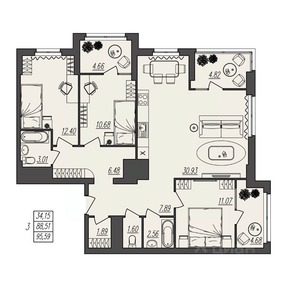 Продажа трехкомнатной квартиры 95,6м² ул. Степана Разина, 25/1, Волгоград,  Волгоградская область - база ЦИАН, объявление 303683644