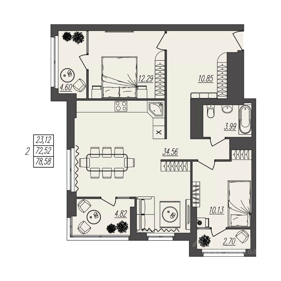 Продаю двухкомнатную квартиру 78,6м² ул. Степана Разина, 25/2, Волгоград,  Волгоградская область - база ЦИАН, объявление 303683678