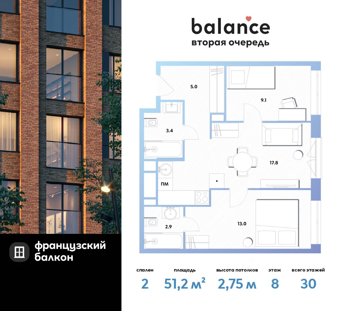 Продаю двухкомнатную квартиру 51,2м² Рязанский просп., Москва, м. Окская -  база ЦИАН, объявление 299654753